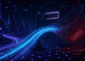 Abstract illustration of a web address signpost being diverted toward a dark trap among glowing network nodes