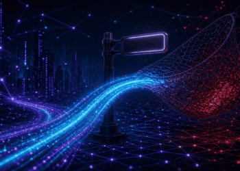 Abstract illustration of a web address signpost being diverted toward a dark trap among glowing network nodes
