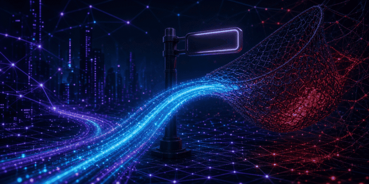 Abstract illustration of a web address signpost being diverted toward a dark trap among glowing network nodes