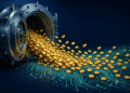 Abstract illustration of a large vault releasing streams of golden coins into a network of digital pathways