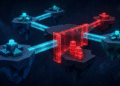 Abstract illustration of glowing cross-chain bridges between floating platforms, halted by a red barrier