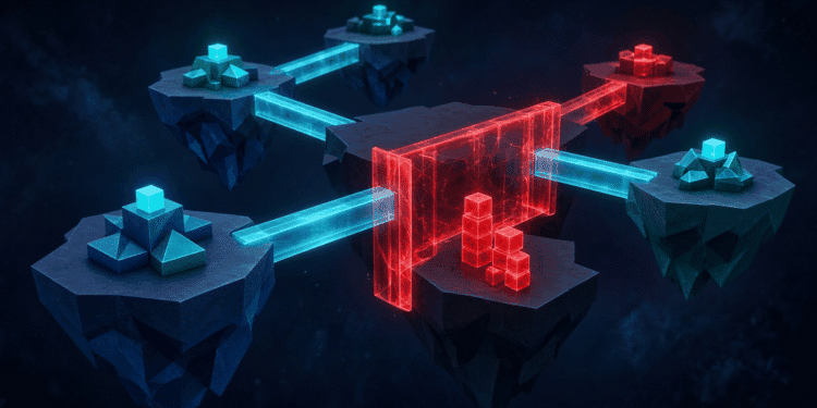 Abstract illustration of glowing cross-chain bridges between floating platforms, halted by a red barrier