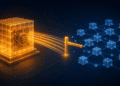 Abstract illustration of a sealed vault of bitcoin-orange light linked by a paused bridge to a blue digital network