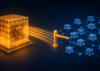 Abstract illustration of a sealed vault of bitcoin-orange light linked by a paused bridge to a blue digital network