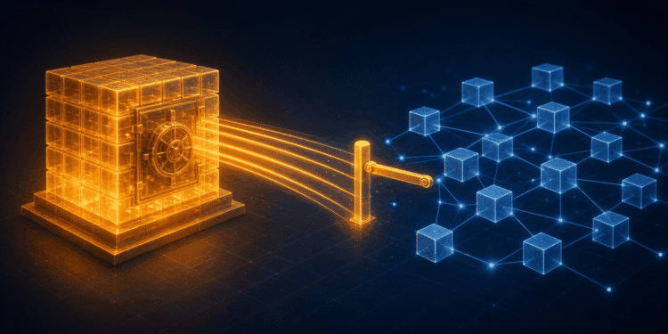 Abstract illustration of a sealed vault of bitcoin-orange light linked by a paused bridge to a blue digital network