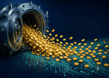 Abstract illustration of a large vault releasing streams of golden coins into a network of digital pathways