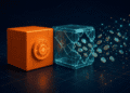 Abstract illustration of a locked orange vault intact while streams of glowing tokens leak away from a cracked side chamber
