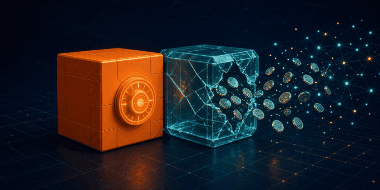 Abstract illustration of a locked orange vault intact while streams of glowing tokens leak away from a cracked side chamber