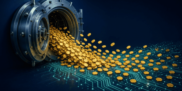 Abstract illustration of a large vault releasing streams of golden coins into a network of digital pathways